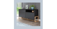 Commode design GEILO, 140 cm, 1 tiroir et 2 portes, coloris noir mat et hêtre