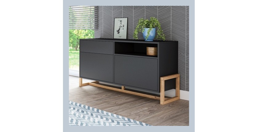 Commode design GEILO, 140 cm, 1 tiroir et 2 portes, coloris noir mat et hêtre
