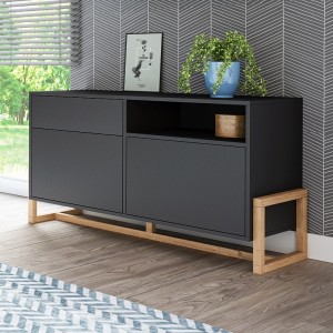 Commode design GEILO, 140 cm, 1 tiroir et 2 portes, coloris noir mat et hêtre