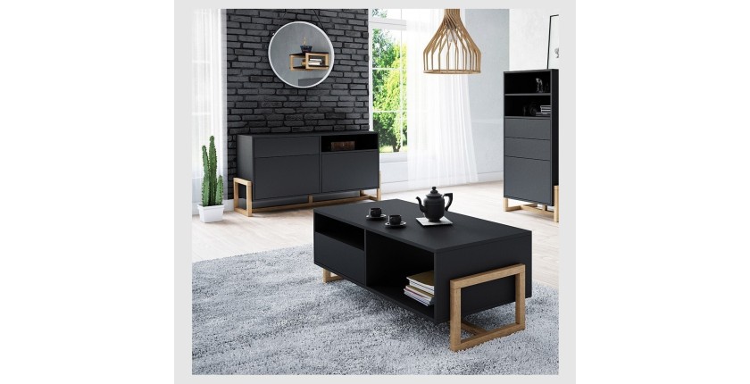Commode design GEILO, 140 cm, 1 tiroir et 2 portes, coloris noir mat et hêtre