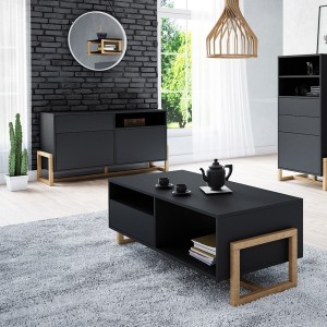Commode design GEILO, 140 cm, 1 tiroir et 2 portes, coloris noir mat et hêtre