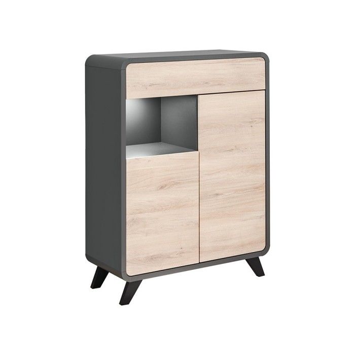 Vaisselier modèle bas avec LED intégrées collection OASIS. Coloris gris anthracite et bois.