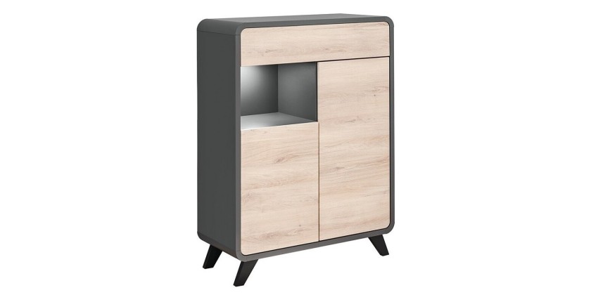 Vaisselier modèle bas avec LED intégrées collection OASIS. Coloris gris anthracite et bois.