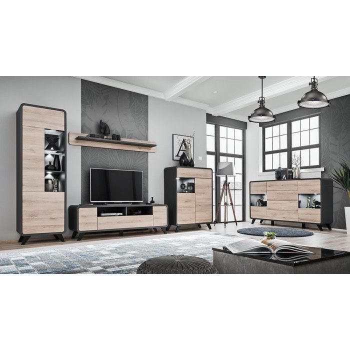 Vaisselier modèle bas avec LED intégrées collection OASIS. Coloris gris anthracite et bois.