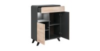 Vaisselier modèle bas avec LED intégrées collection OASIS. Coloris gris anthracite et bois.