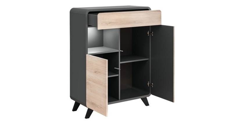 Vaisselier modèle bas avec LED intégrées collection OASIS. Coloris gris anthracite et bois.