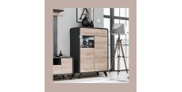 Vaisselier modèle bas avec LED intégrées collection OASIS. Coloris gris anthracite et bois.