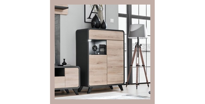 Vaisselier modèle bas avec LED intégrées collection OASIS. Coloris gris anthracite et bois.