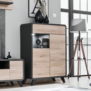 Vaisselier modèle bas avec LED intégrées collection OASIS. Coloris gris anthracite et bois.