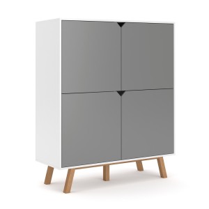 Buffet haut design type scandinave collection AOMORI 4 portes, coloris blanc et gris mat