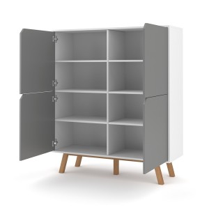 Buffet haut design type scandinave collection AOMORI 4 portes, coloris blanc et gris mat