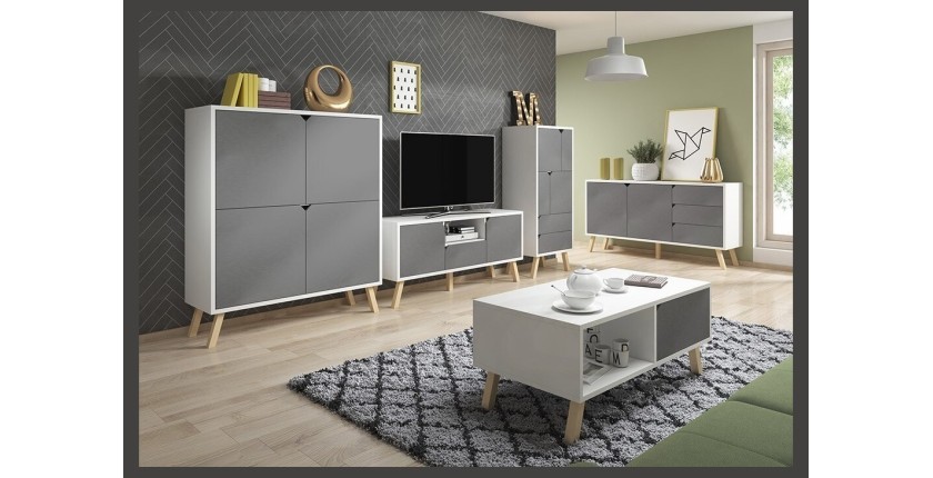 Buffet haut design type scandinave collection AOMORI 4 portes, coloris blanc et gris mat