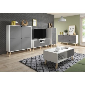 Buffet haut design type scandinave collection AOMORI 4 portes, coloris blanc et gris mat