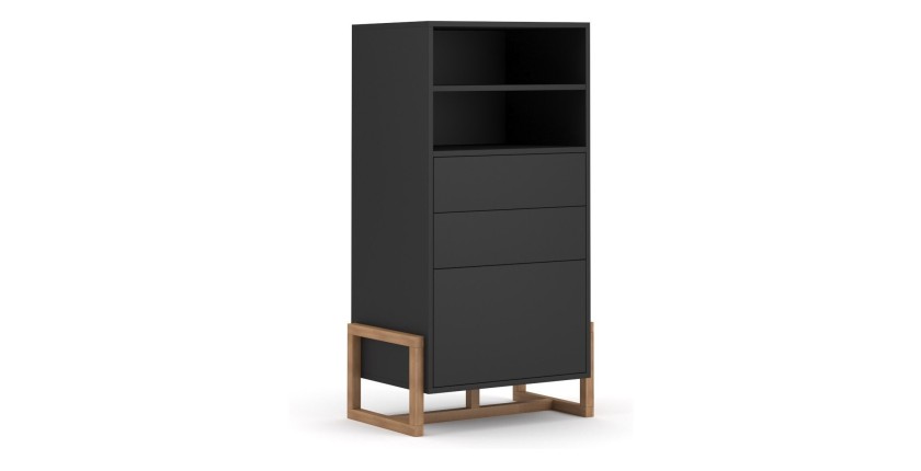 Vaisselier design GEILO 2 tiroirs, 1 porte et 2 niches, coloris noir mat et hêtre