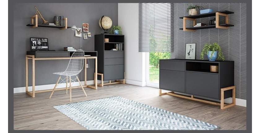 Vaisselier design GEILO 2 tiroirs, 1 porte et 2 niches, coloris noir mat et hêtre
