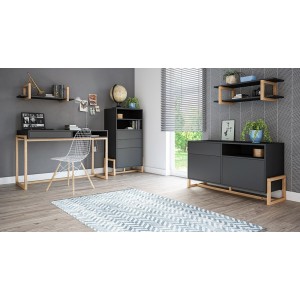 Vaisselier design GEILO 2 tiroirs, 1 porte et 2 niches, coloris noir mat et hêtre
