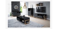 Vaisselier design GEILO 2 tiroirs, 1 porte et 2 niches, coloris noir mat et hêtre