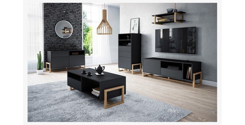 Vaisselier design GEILO 2 tiroirs, 1 porte et 2 niches, coloris noir mat et hêtre