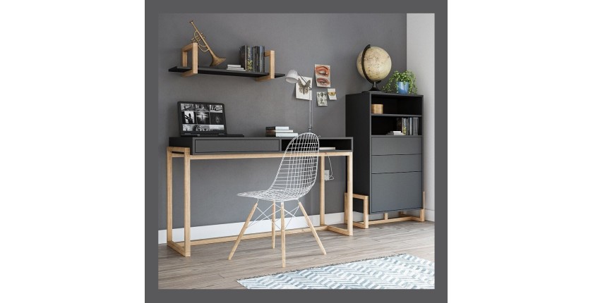 Vaisselier design GEILO 2 tiroirs, 1 porte et 2 niches, coloris noir mat et hêtre