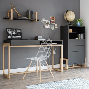 Vaisselier design GEILO 2 tiroirs, 1 porte et 2 niches, coloris noir mat et hêtre