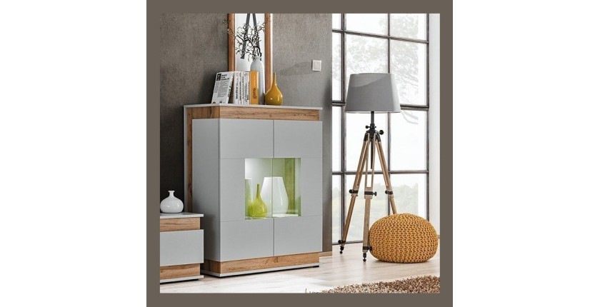 Vaisselier, bibliothèque, vitrine MUNICH modèle bas + LED. Meuble design idéal pour votre salle à manger