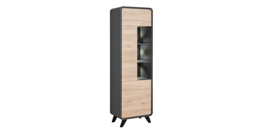 Vitrine haute avec LED collection OASIS. Coloris gris et bois. Meuble design idéal pour votre salle à manger