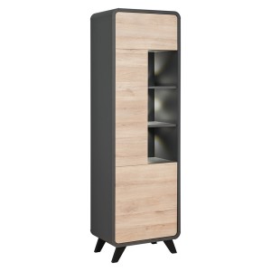 Vitrine haute avec LED collection OASIS. Coloris gris et bois. Meuble design idéal pour votre salle à manger