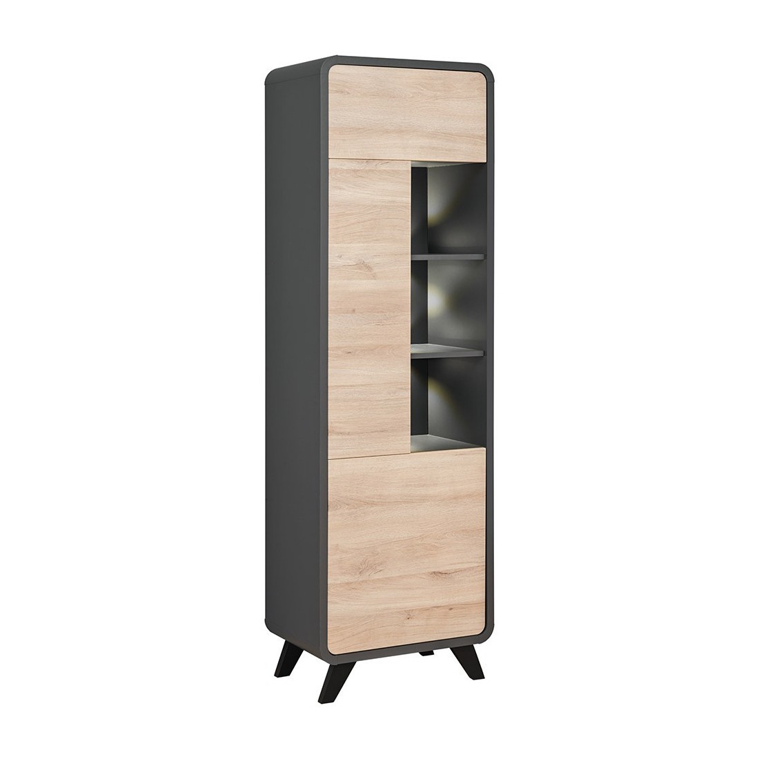 Vitrine haute avec LED collection OASIS. Coloris gris et bois. Meuble design idéal pour votre salle à manger