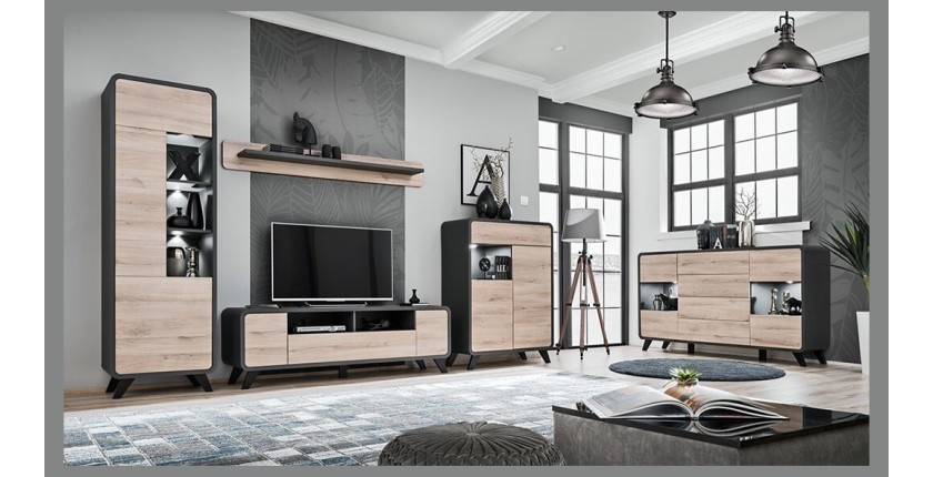 Vitrine haute avec LED collection OASIS. Coloris gris et bois. Meuble design idéal pour votre salle à manger