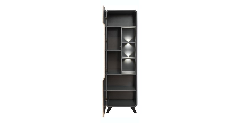 Vitrine haute avec LED collection OASIS. Coloris gris et bois. Meuble design idéal pour votre salle à manger