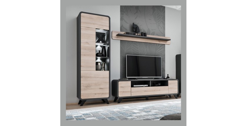 Vitrine haute avec LED collection OASIS. Coloris gris et bois. Meuble design idéal pour votre salle à manger