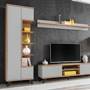 Vitrine haute collection CORDOBA. Coloris gris perle et bois. Meuble design.