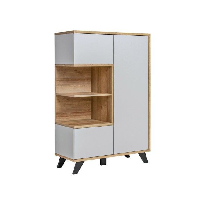 Vitrine basse collection CORDOBA 3 portes avec 2 niches apparentes. Coloris gris et bois. Meuble design