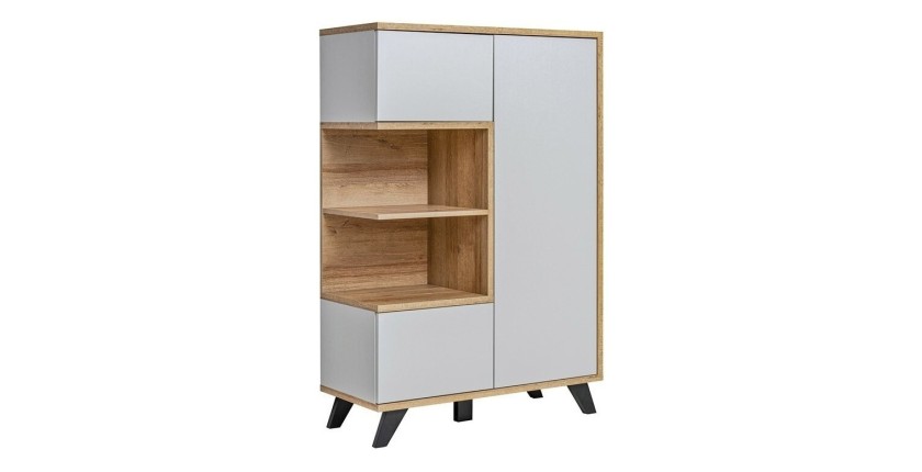 Vitrine basse collection CORDOBA 3 portes avec 2 niches apparentes. Coloris gris et bois. Meuble design
