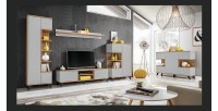 Vitrine basse collection CORDOBA 3 portes avec 2 niches apparentes. Coloris gris et bois. Meuble design