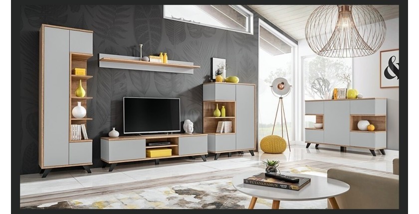 Vitrine basse collection CORDOBA 3 portes avec 2 niches apparentes. Coloris gris et bois. Meuble design