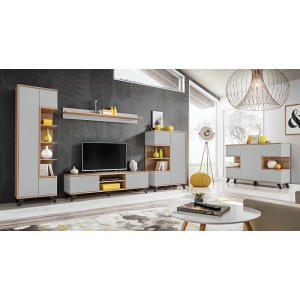 Vitrine basse collection CORDOBA 3 portes avec 2 niches apparentes. Coloris gris et bois. Meuble design