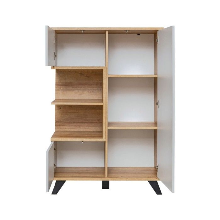 Vitrine basse collection CORDOBA 3 portes avec 2 niches apparentes. Coloris gris et bois. Meuble design
