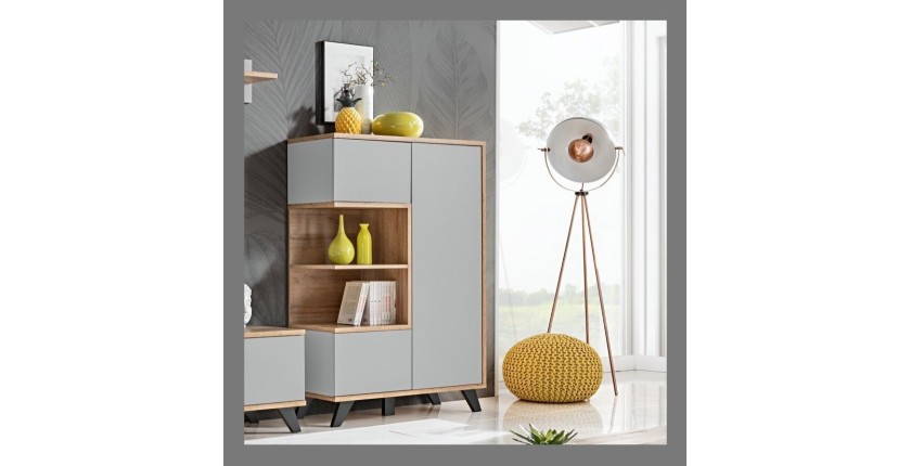 Vitrine basse collection CORDOBA 3 portes avec 2 niches apparentes. Coloris gris et bois. Meuble design