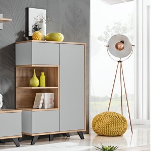 Vitrine basse collection CORDOBA 3 portes avec 2 niches apparentes. Coloris gris et bois. Meuble design