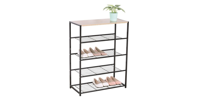 Meuble à chaussures pour votre entrée ROBBY4, 4 niveaux, métal noir et plateau coloris bois