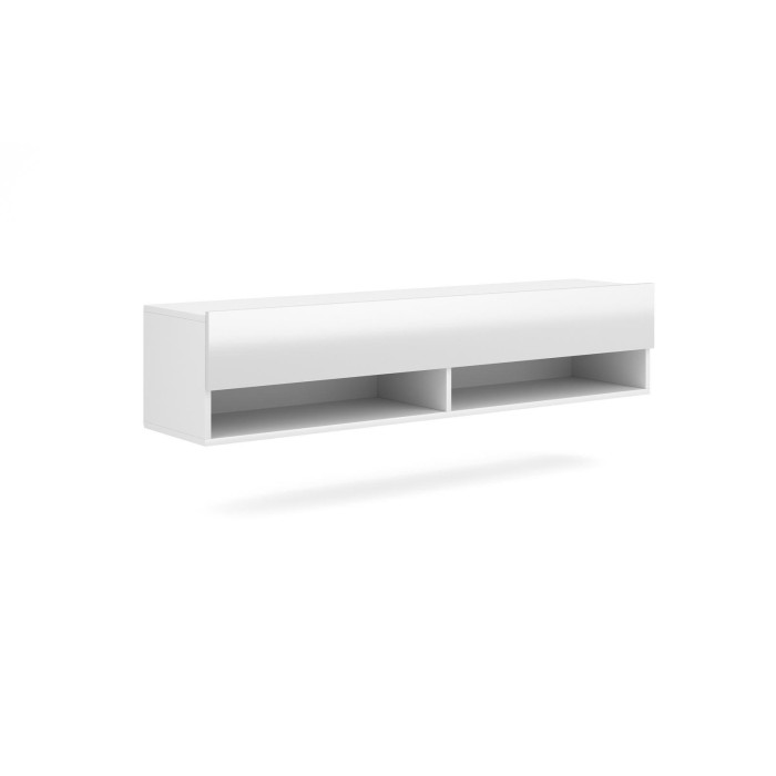 Meuble TV suspendu design CLUJ, 140 cm, 1 porte et 2 niches, coloris blanc et blanc brillant.
