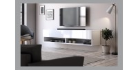 Meuble TV suspendu design CLUJ, 140 cm, 1 porte et 2 niches, coloris blanc et blanc brillant.