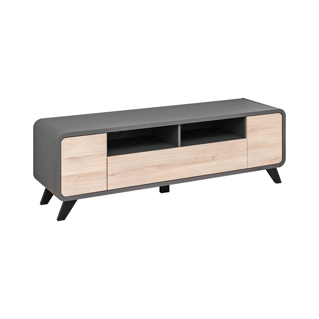 Meuble TV 160 Collection OASIS. Nombreux rangements. Coloris gris anthracite et bois. Style design.