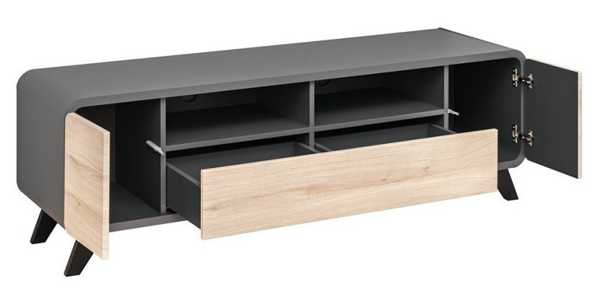 Meuble TV 160 Collection OASIS. Nombreux rangements. Coloris gris anthracite et bois. Style design.
