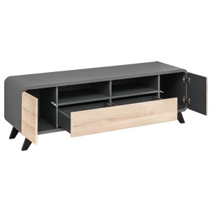 Meuble TV 160 Collection OASIS. Nombreux rangements. Coloris gris anthracite et bois. Style design.