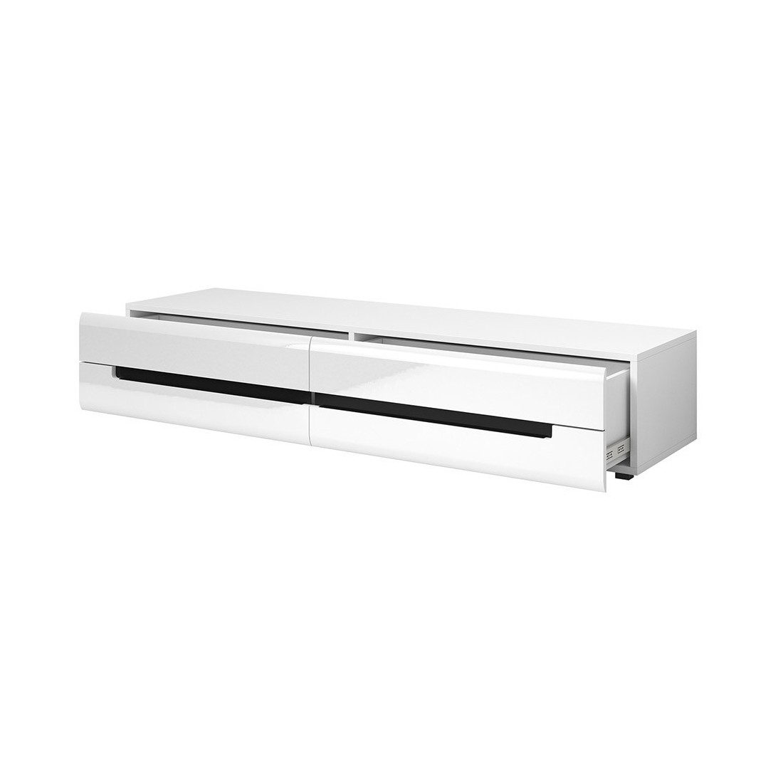 Meuble TV 180cm Collection LUCIA. 2 tiroirs, coloris blanc, façades brillantes. Style design.