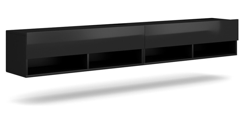 Meuble TV suspendu design CLUJ, 200 cm, 2 portes et 4 niches, coloris noir et noir brillant.