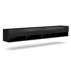 Meuble TV suspendu design CLUJ, 200 cm, 2 portes et 4 niches, coloris noir et noir brillant.