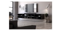 Meuble TV suspendu design CLUJ, 200 cm, 2 portes et 4 niches, coloris noir et noir brillant.